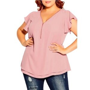 CITY CHIC ROSE GOLD ZIP FLING PINK FLOUNCE FLUTTER SHORT SLEEVE TOP M 18
